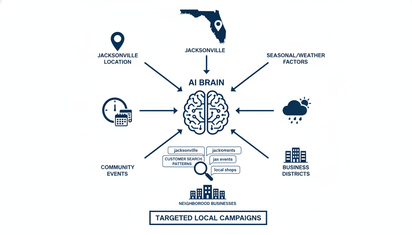 Local AI marketing ecosystem infographic: Jacksonville location data feeds into targeted campaigns