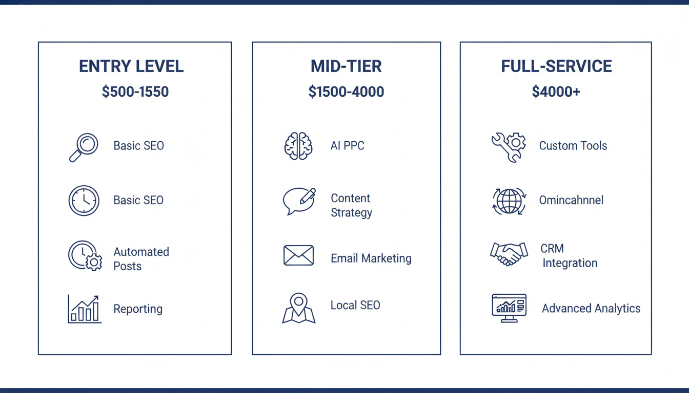 Three-tier AI marketing service comparison chart: entry level, mid-tier, and full-service with features and pricing
