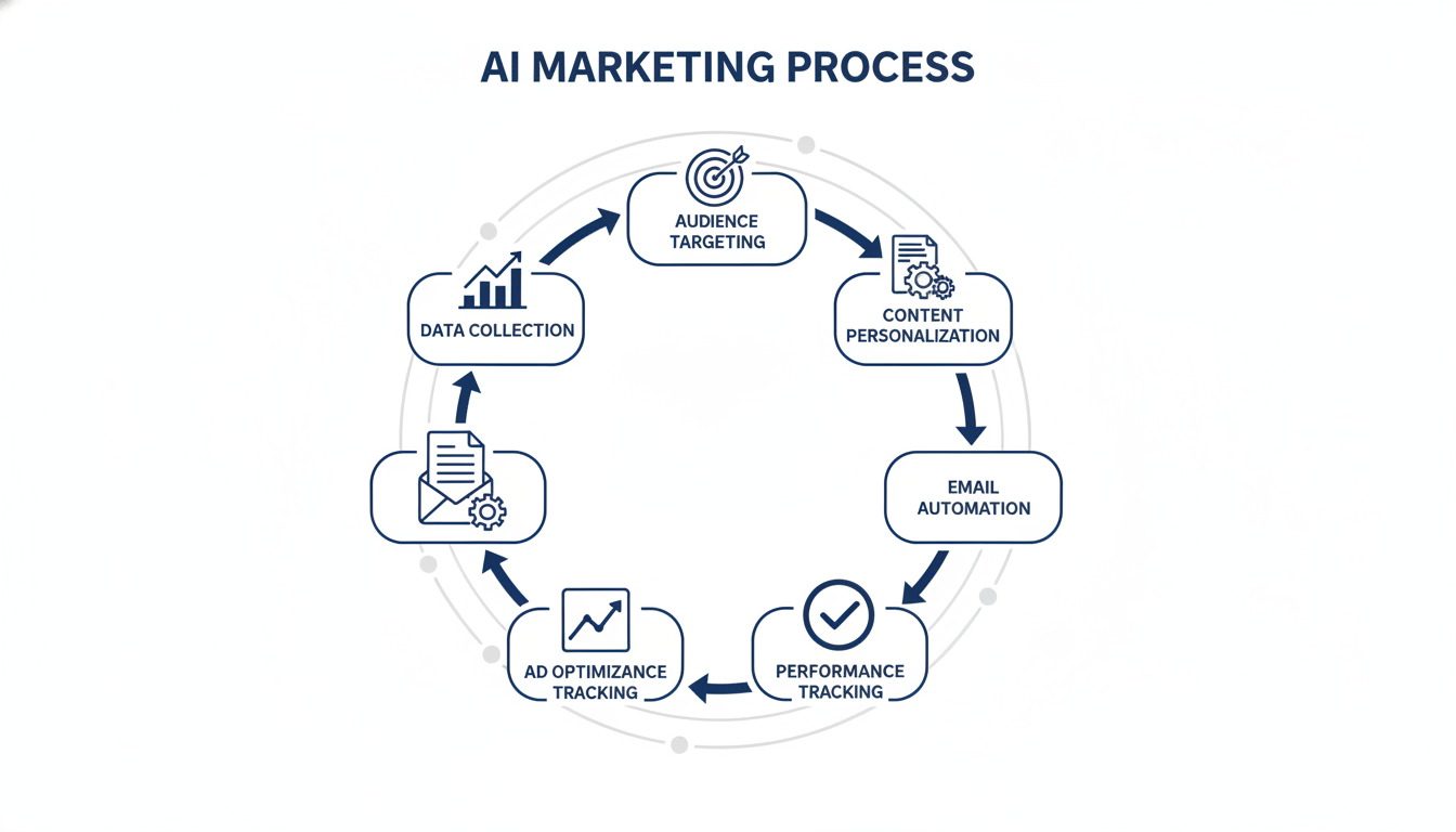Six-stage AI marketing process flow: data collection through performance tracking with icons and labels