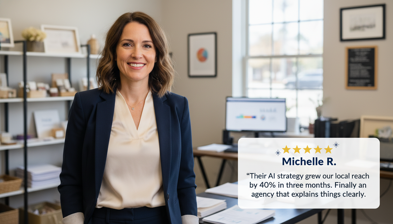 Business owner Michelle R. smiling in Jacksonville office with 5-star review: