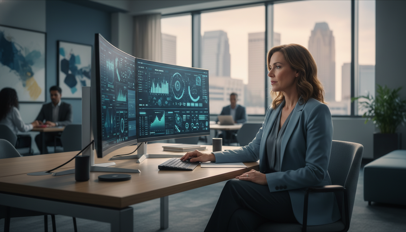 Marketing strategist reviewing AI dashboards in modern Jacksonville office space with professional lighting and workspace