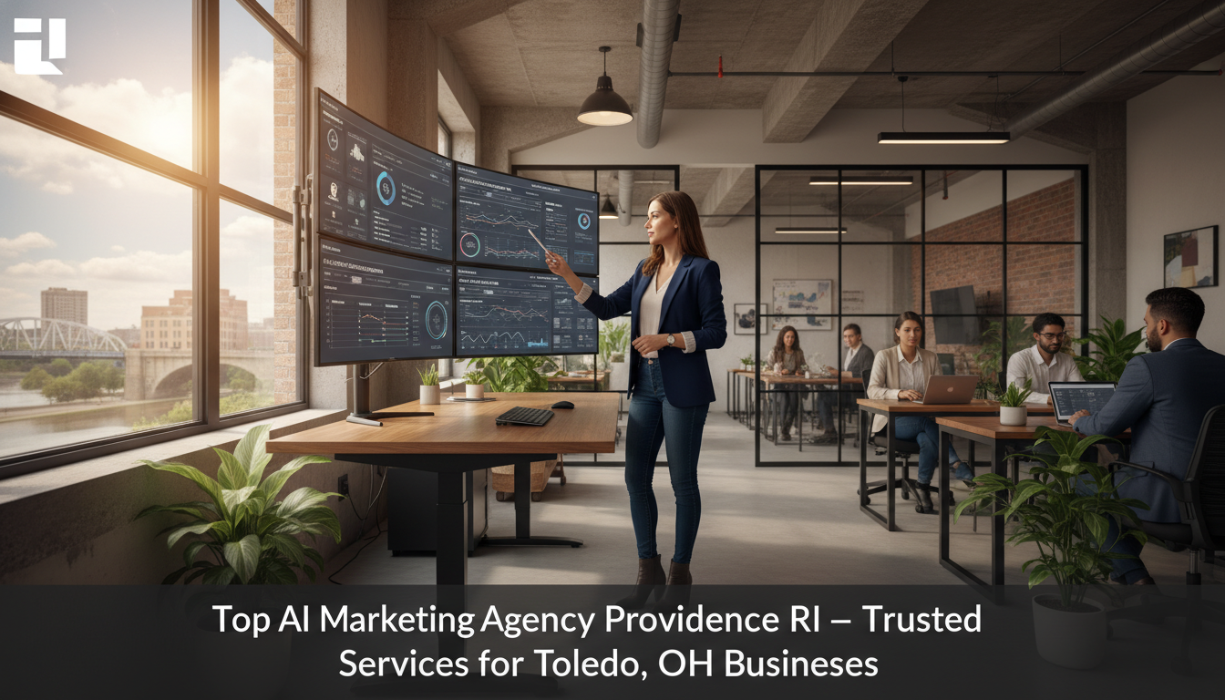 Marketing strategist at modern Providence office analyzing AI campaign data on monitors