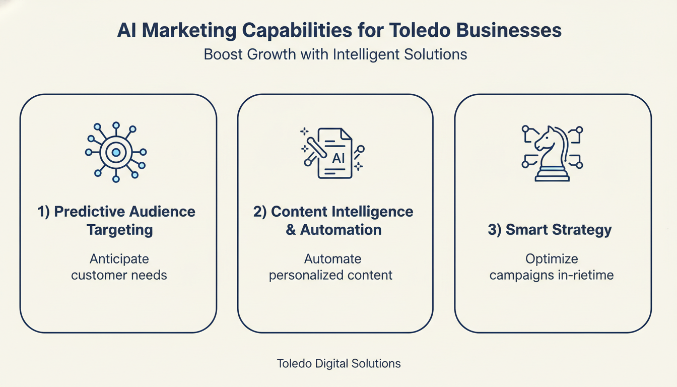 Three core AI marketing capabilities: predictive targeting, content intelligence, smart strategy infographic