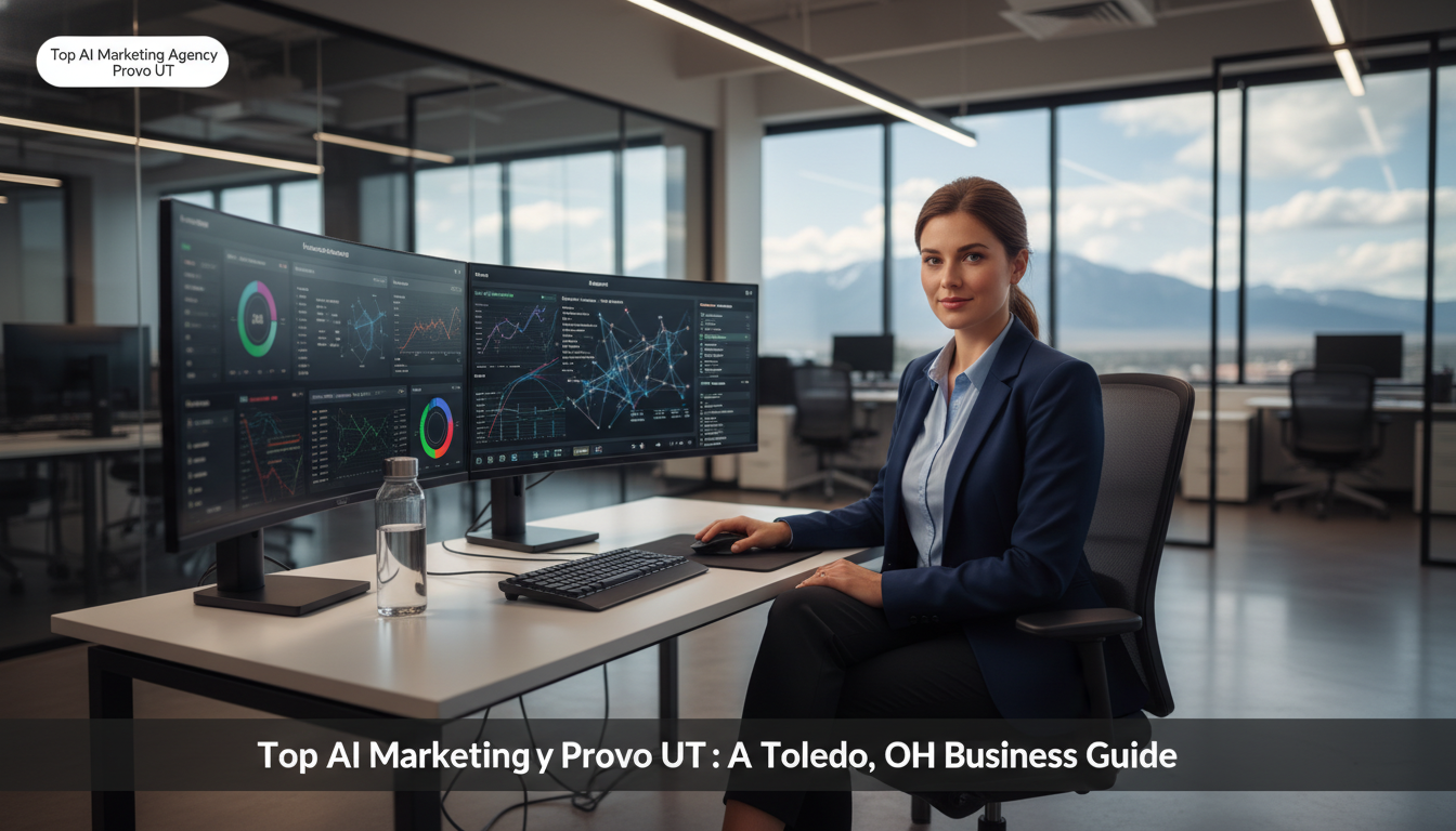 Professional marketer analyzing AI analytics dashboards in modern Provo tech office: AI Marketing, Toledo OH