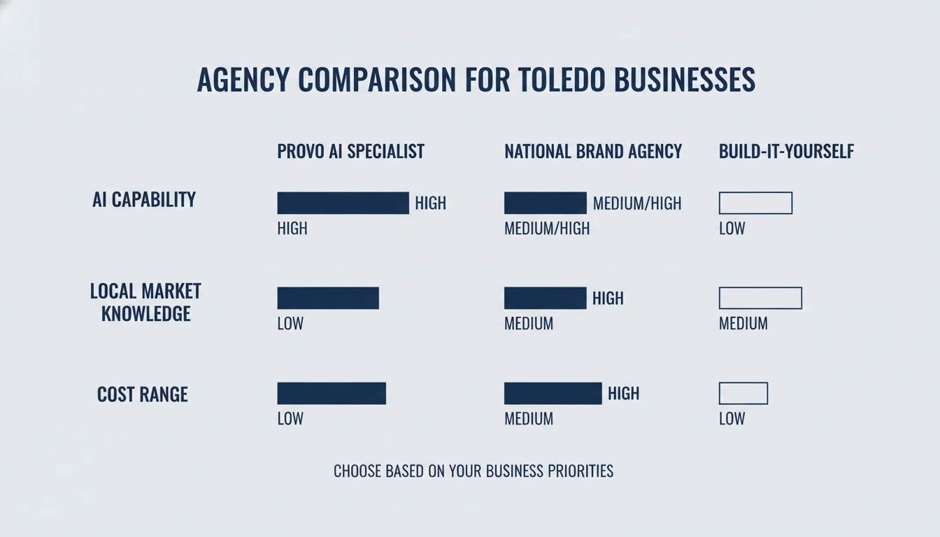 Agency comparison matrix: Provo AI specialist vs Toledo local vs national brand cost and capability
