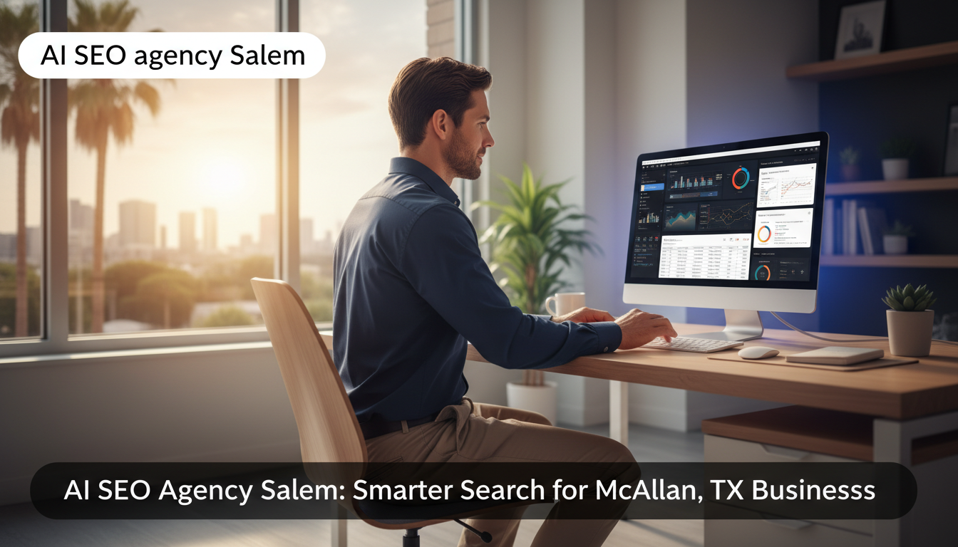 SEO consultant working at laptop with analytics dashboard in modern office, McAllen AI SEO strategy