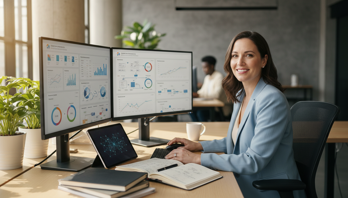 Marketing strategist analyzing content analytics on dual monitors in modern office, Rochester AI content marketing