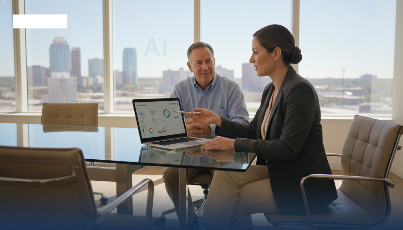 AI SEO consultant meeting with Hartford business owner in modern office showing analytics strategy