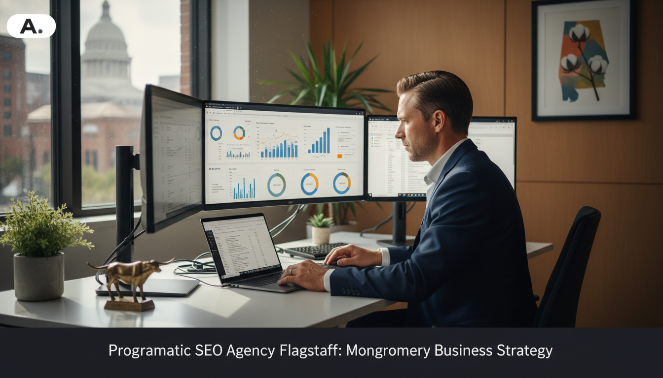 Professional analyzing SEO strategy on multiple monitors in Flagstaff office: Programmatic SEO Agency Flagstaff