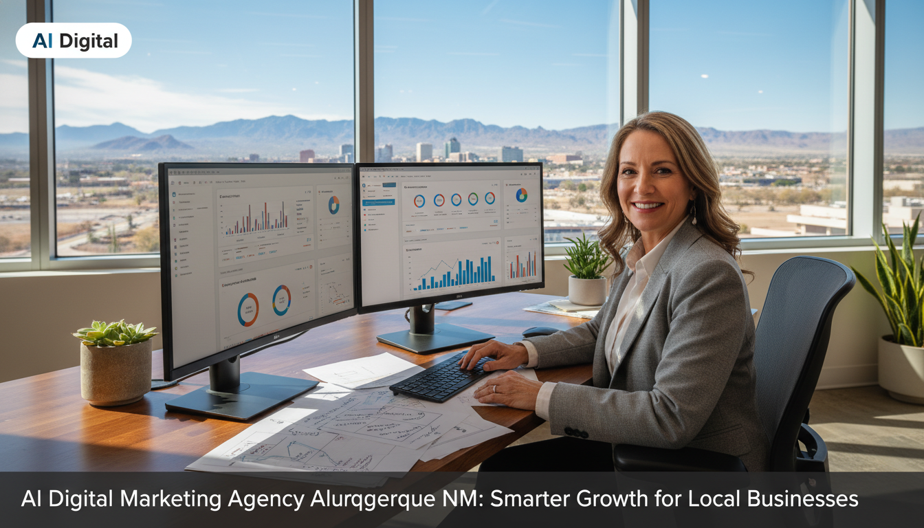 AI digital marketing specialist at modern Albuquerque office with analytics dashboards and Rio Grande landscape view, Digital Marketing, Albuquerque NM