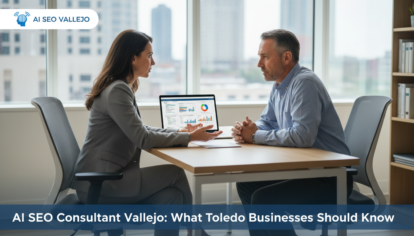Professional AI SEO consultant meeting with Toledo business owner in modern office with analytics dashboard, discussing strategy.