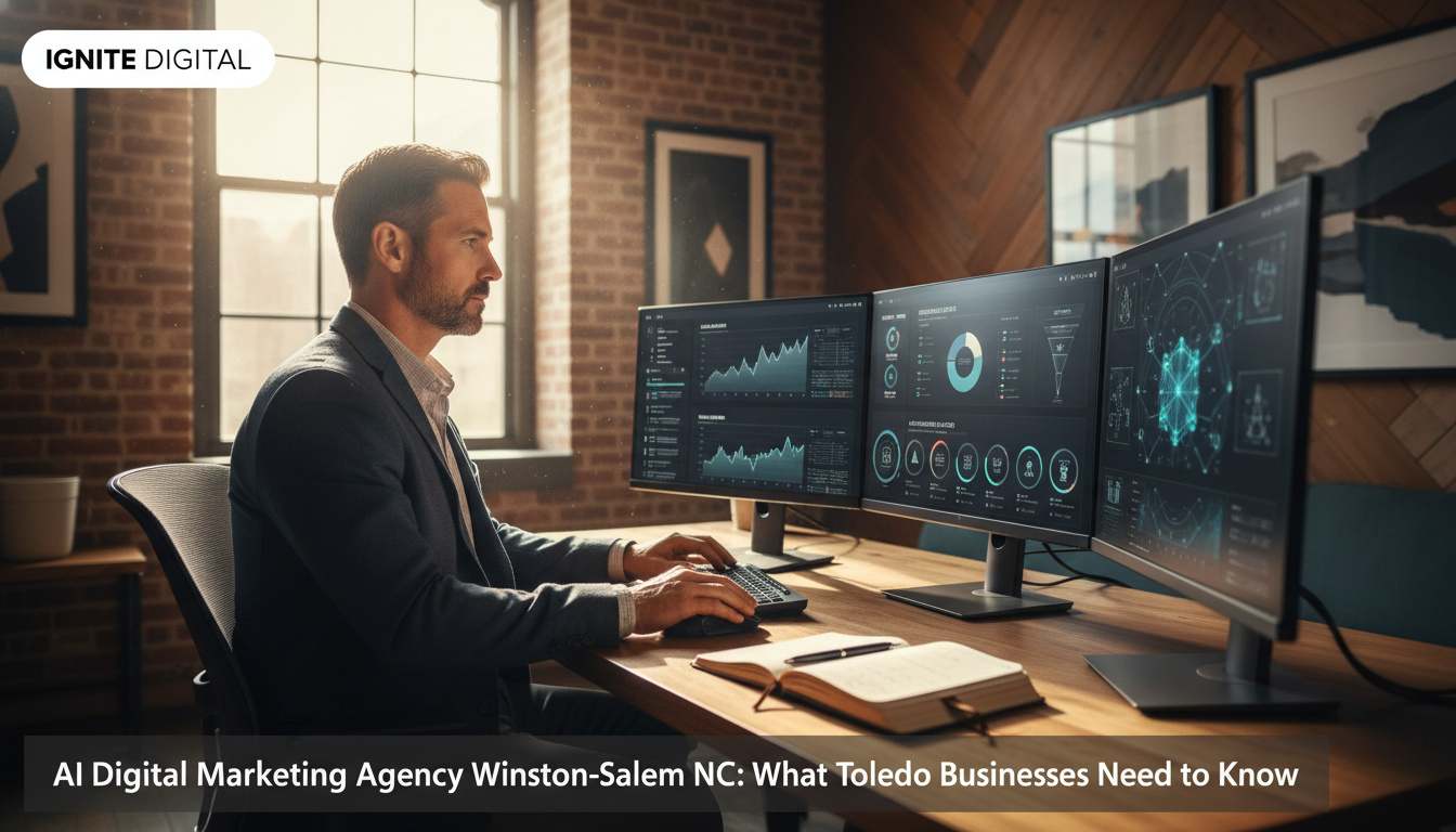 Digital marketing professional analyzing campaign analytics on multiple monitors in modern Salem office.