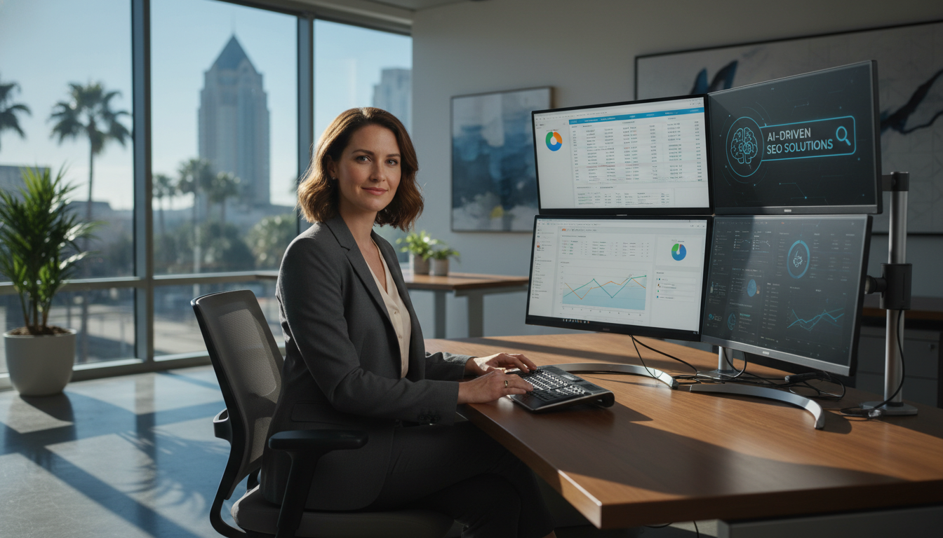 Digital marketing strategist at modern Richmond office with analytics dashboards, SEO hybrid services
