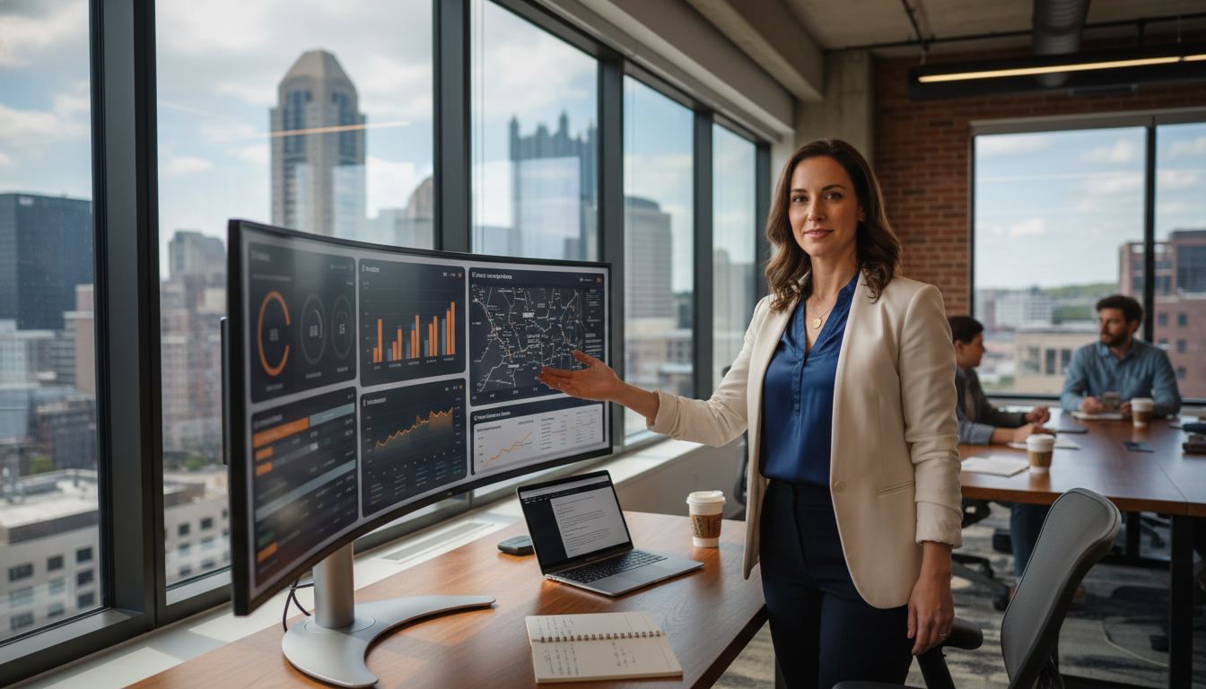 Professional marketing strategist analyzing data dashboards in modern Pittsburgh tech office with cityscape view, Pittsburgh marketing agency