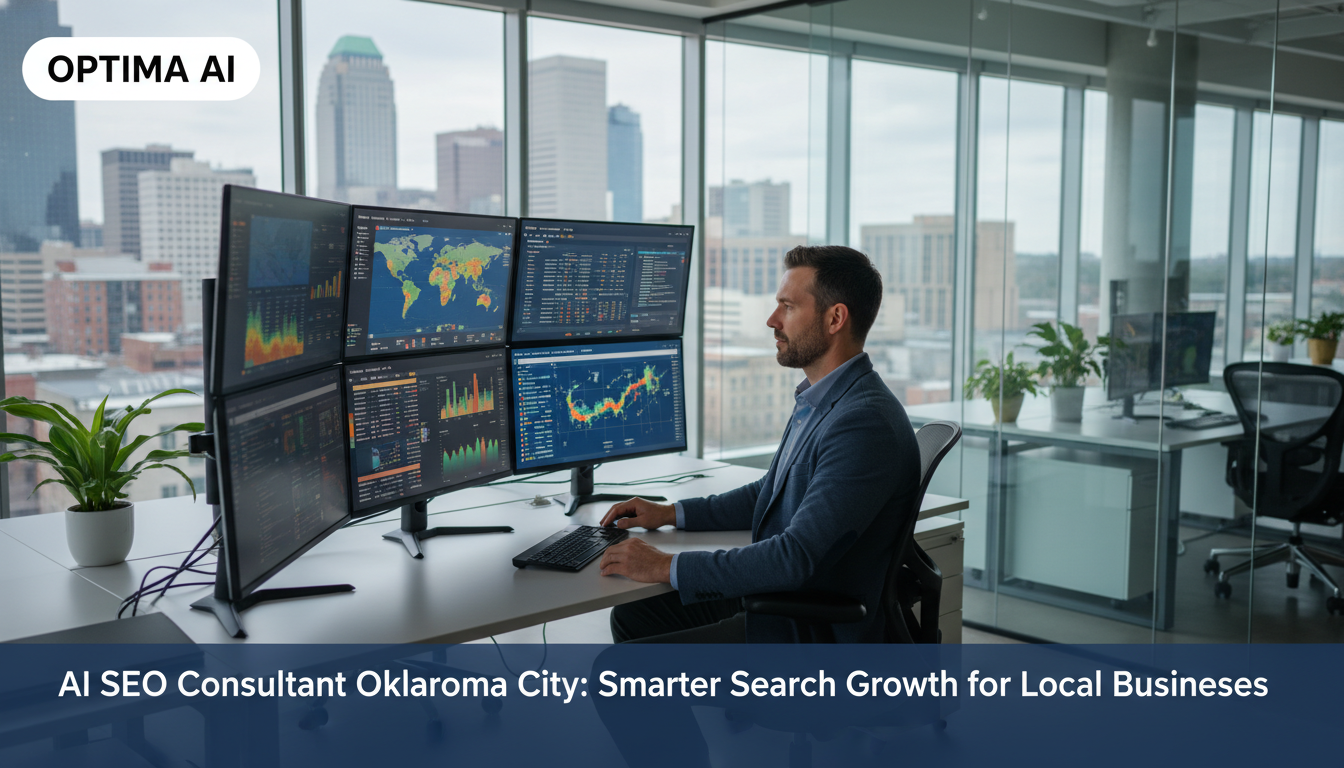 AI SEO consultant at modern workstation with analytics dashboards in Oklahoma City office