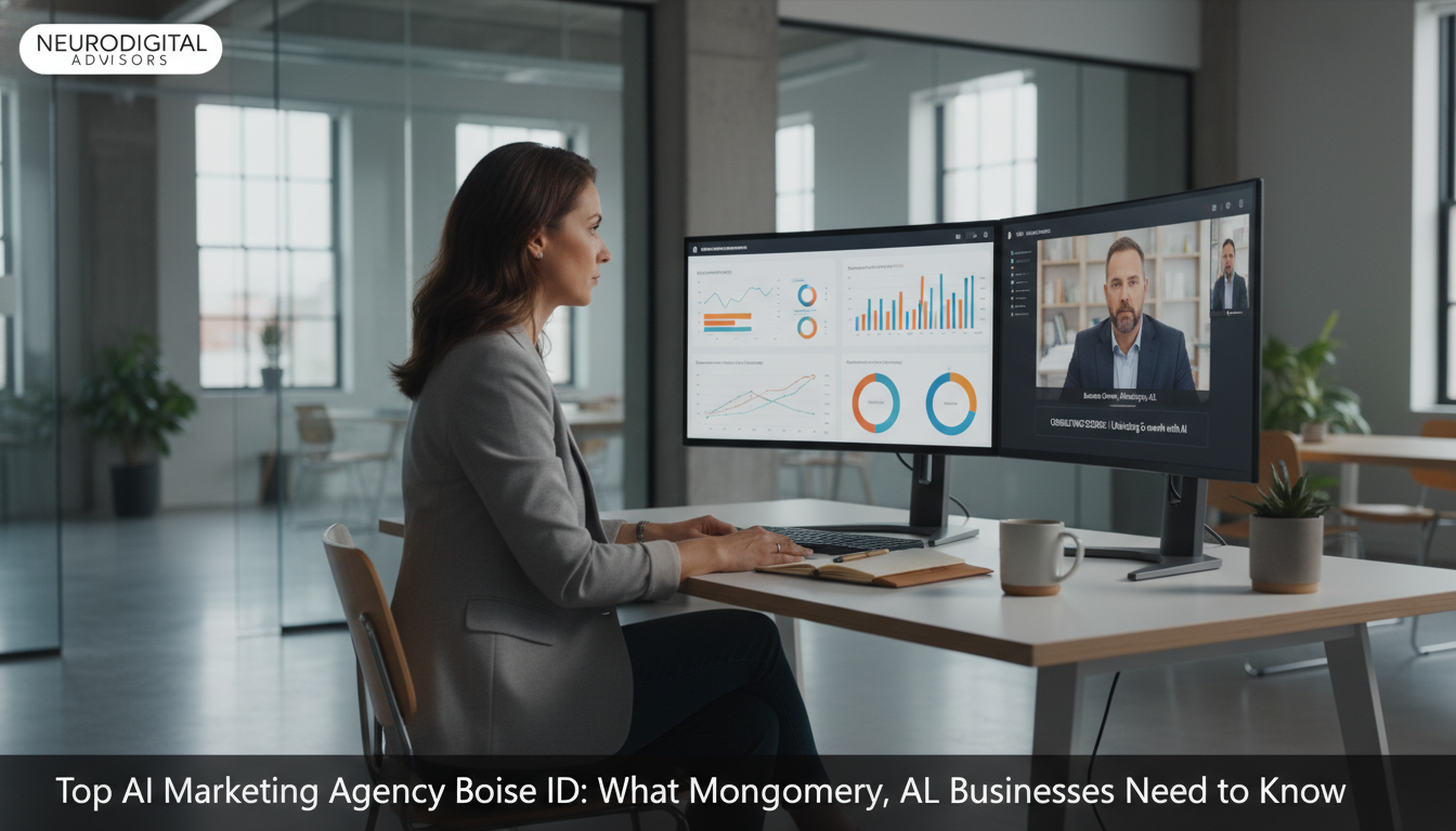 AI marketing strategist analyzing analytics dashboards in modern Boise office with Boise, ID client on video call