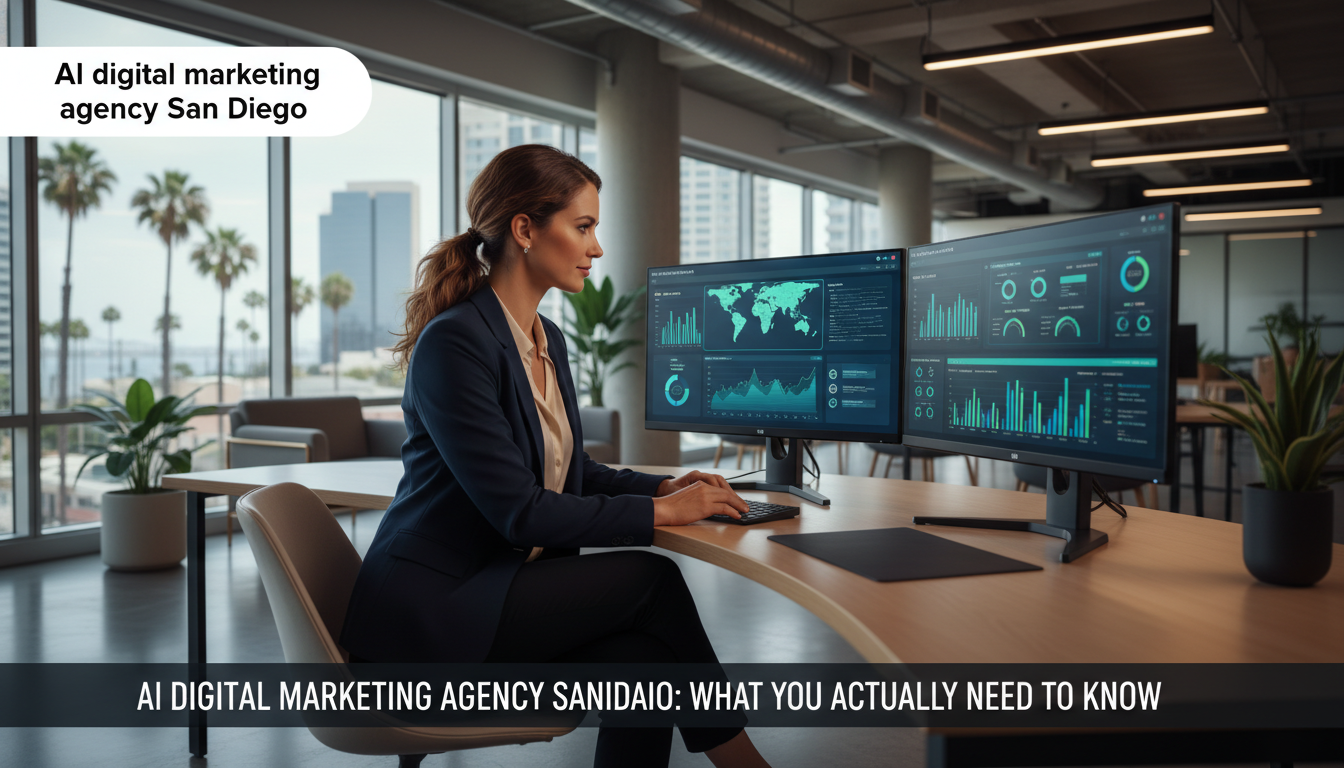 Digital marketing strategist working at modern San Diego office with AI dashboards, professional tech workspace with dual monitors displaying marketing analytics