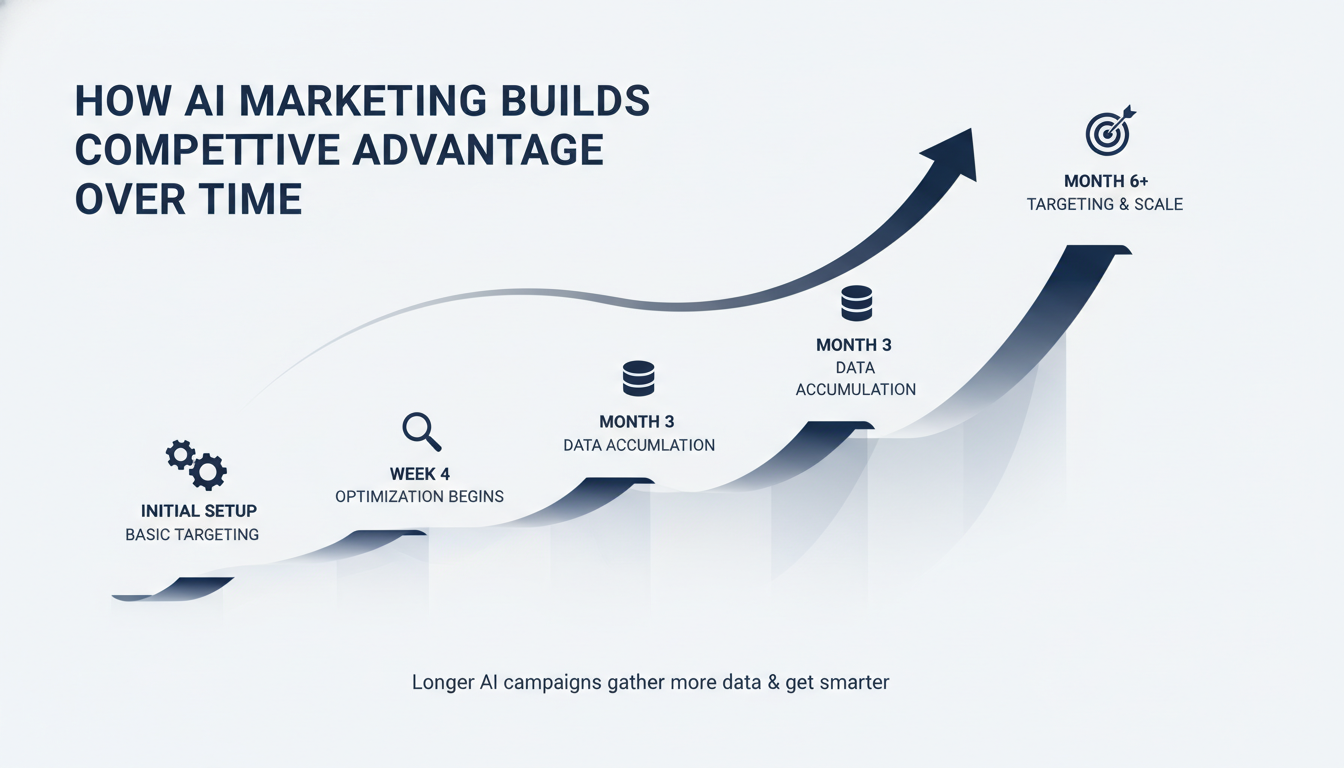 Timeline showing how AI marketing builds competitive advantage over 6 months of campaigns