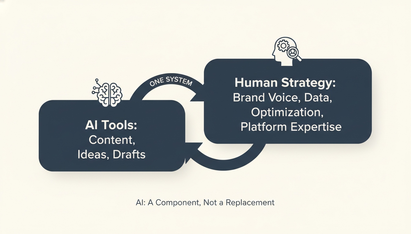 Diagram illustrating AI tools and human strategy working together in marketing system