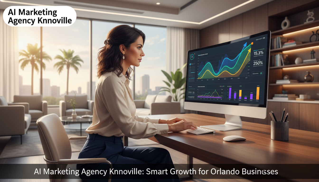 Professional reviewing AI marketing analytics dashboards in modern office, AI marketing agency Knoxville