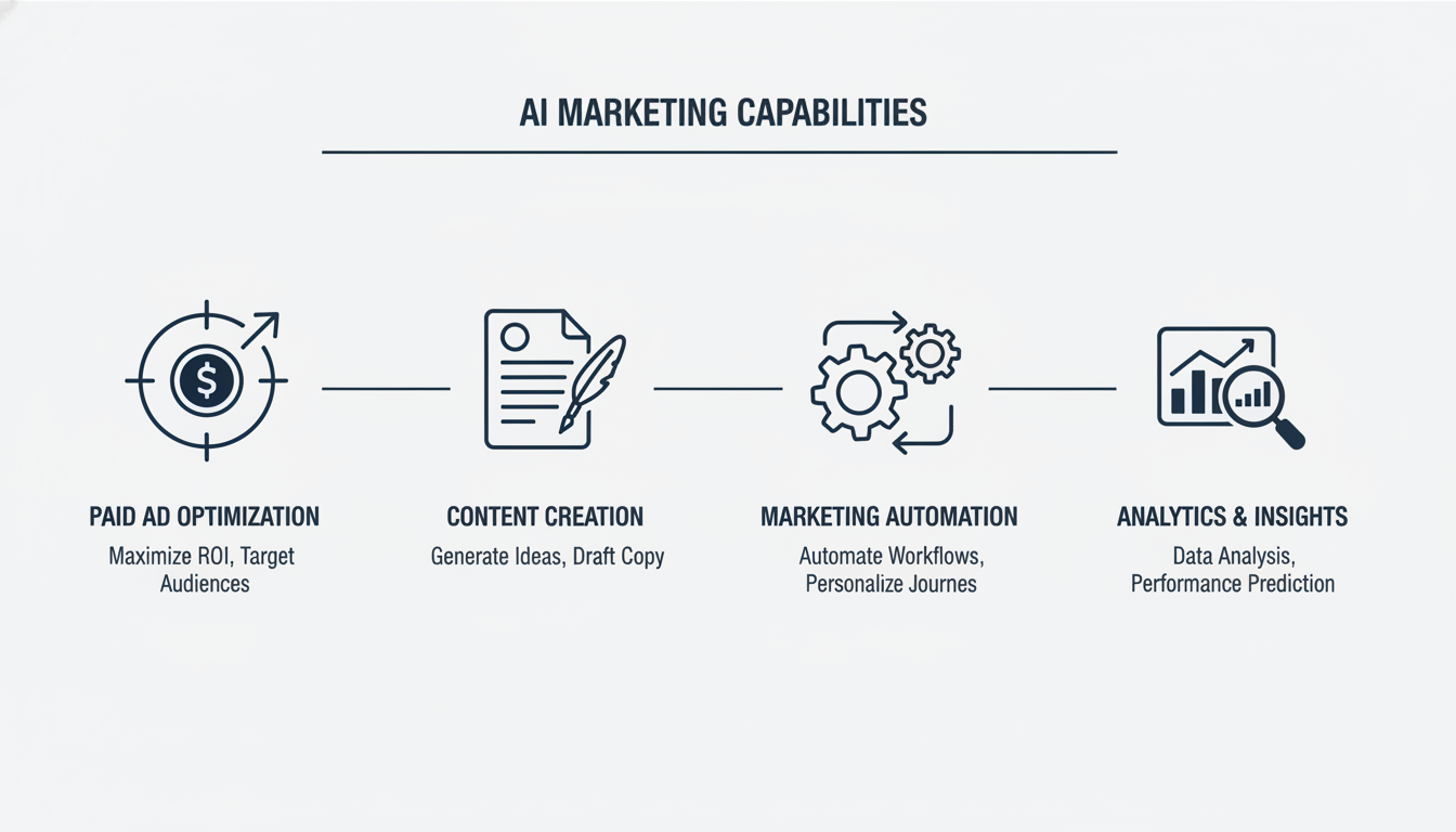 Infographic showing 4 core AI marketing capabilities: paid ads, content, automation, analytics