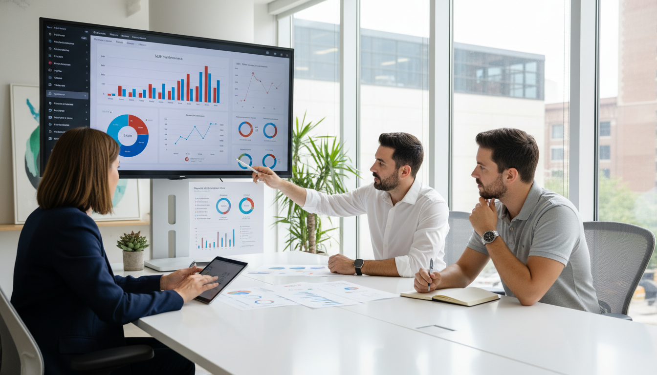 Digital marketing team reviewing SEO analytics and strategy in modern office, programmatic SEO, Montgomery AL