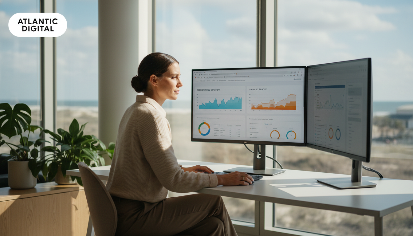 Digital marketing strategist reviewing analytics dashboards in modern Virginia Beach office with coastal view