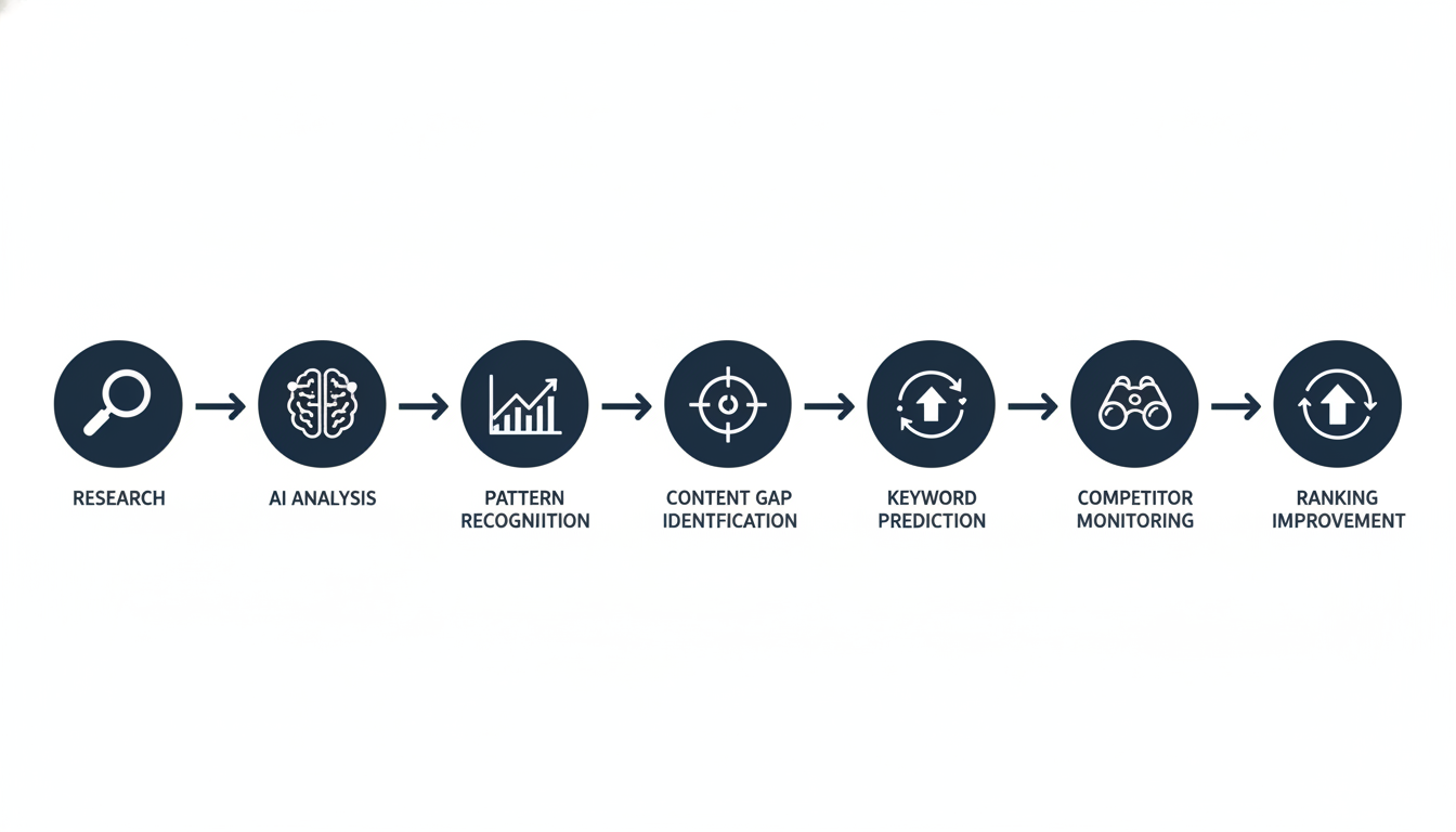 AI SEO process flow diagram: research to analysis to ranking improvement for Virginia Beach businesses