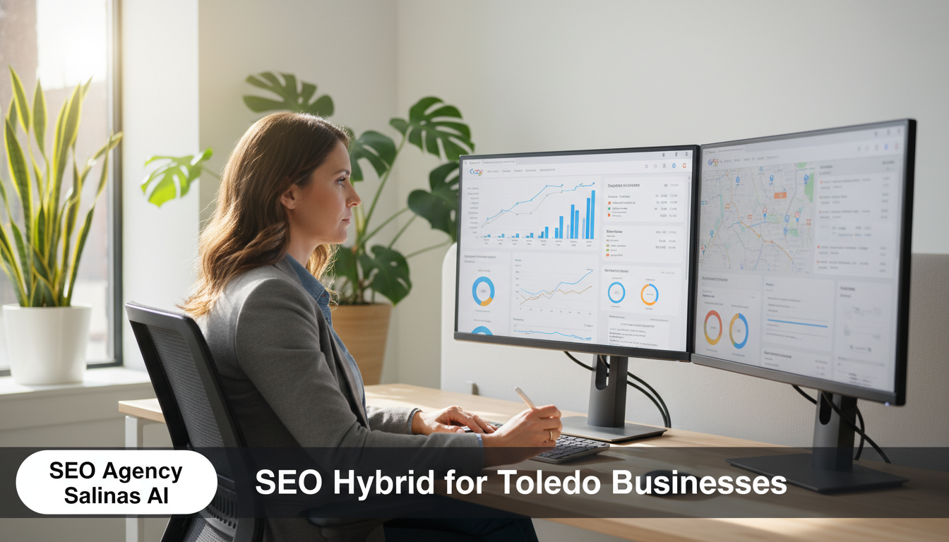 SEO strategist reviewing analytics dashboards showing search rankings and local metrics in modern Salinas office