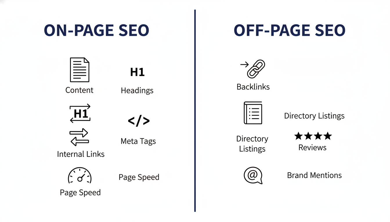 On-page vs. off-page SEO comparison diagram with icons and labels for Scranton SEO strategy
