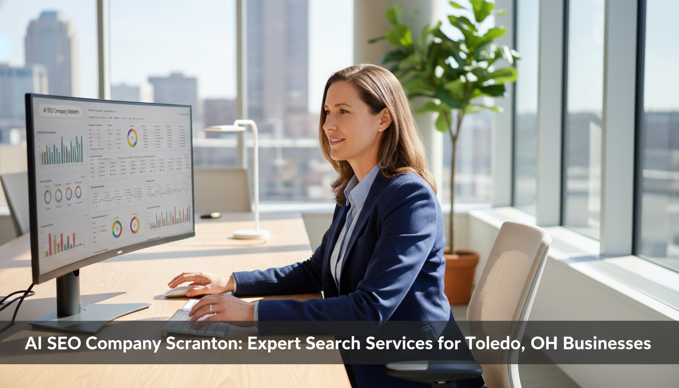Professional analyzing SEO data in modern Scranton office with natural lighting and contemporary workspace