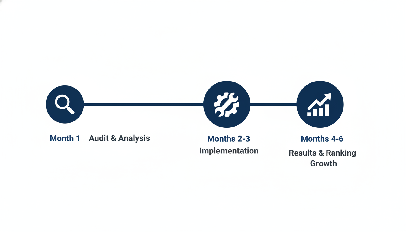 Six-month SEO timeline infographic showing audit, implementation, and results phases