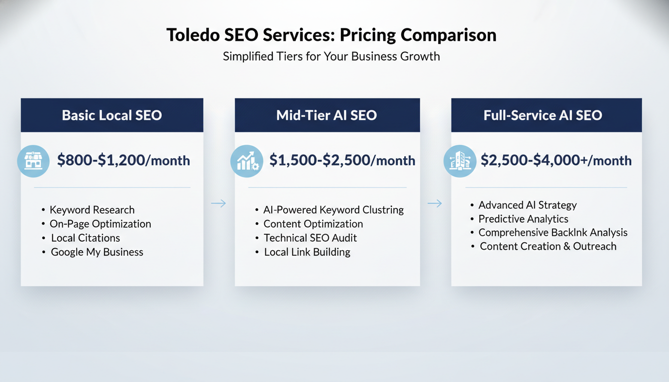Three-tier pricing comparison chart for SEO services in Scranton from basic to full-service