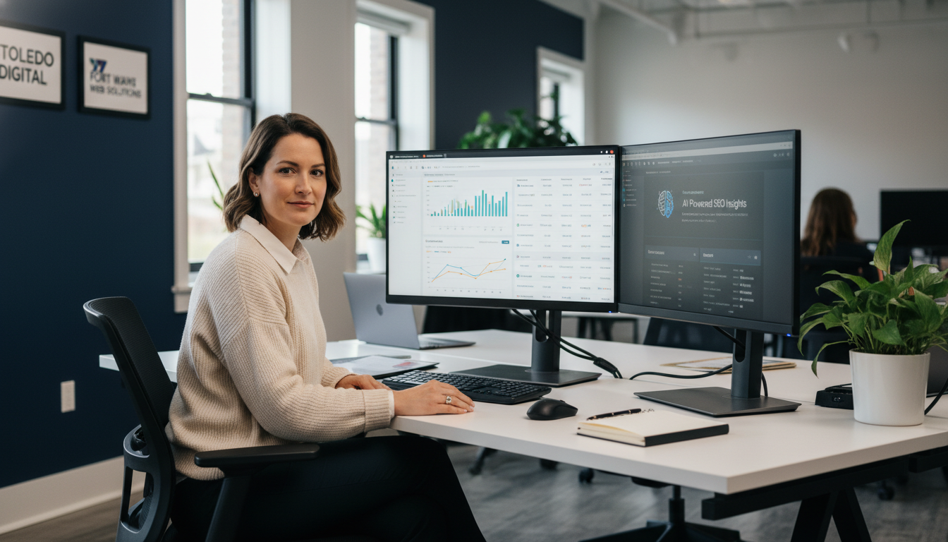 SEO specialist at desk with analytics dashboards in modern Fort Wayne office: AI SEO strategy in action