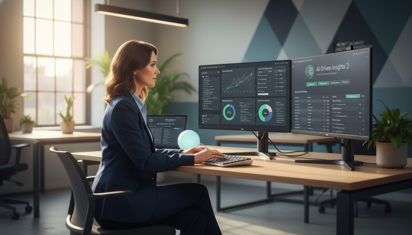 Digital marketing strategist using AI SEO tools in Chattanooga office with analytics dashboards