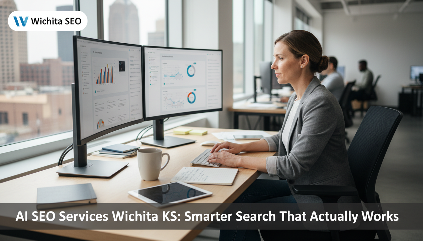 SEO strategist at modern office desk with dual monitors showing analytics data, professional workspace with natural lighting