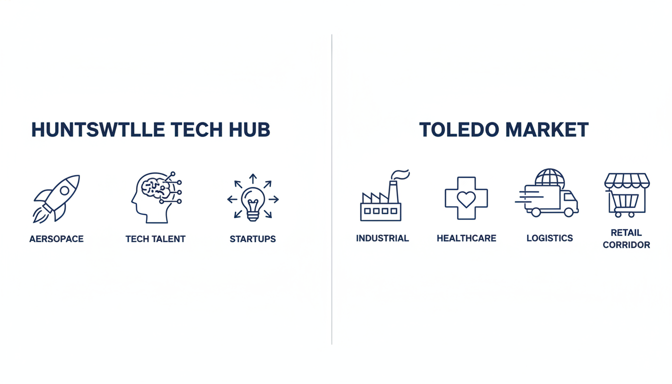 Comparison diagram of Huntsville tech hub ecosystem versus Toledo regional market characteristics