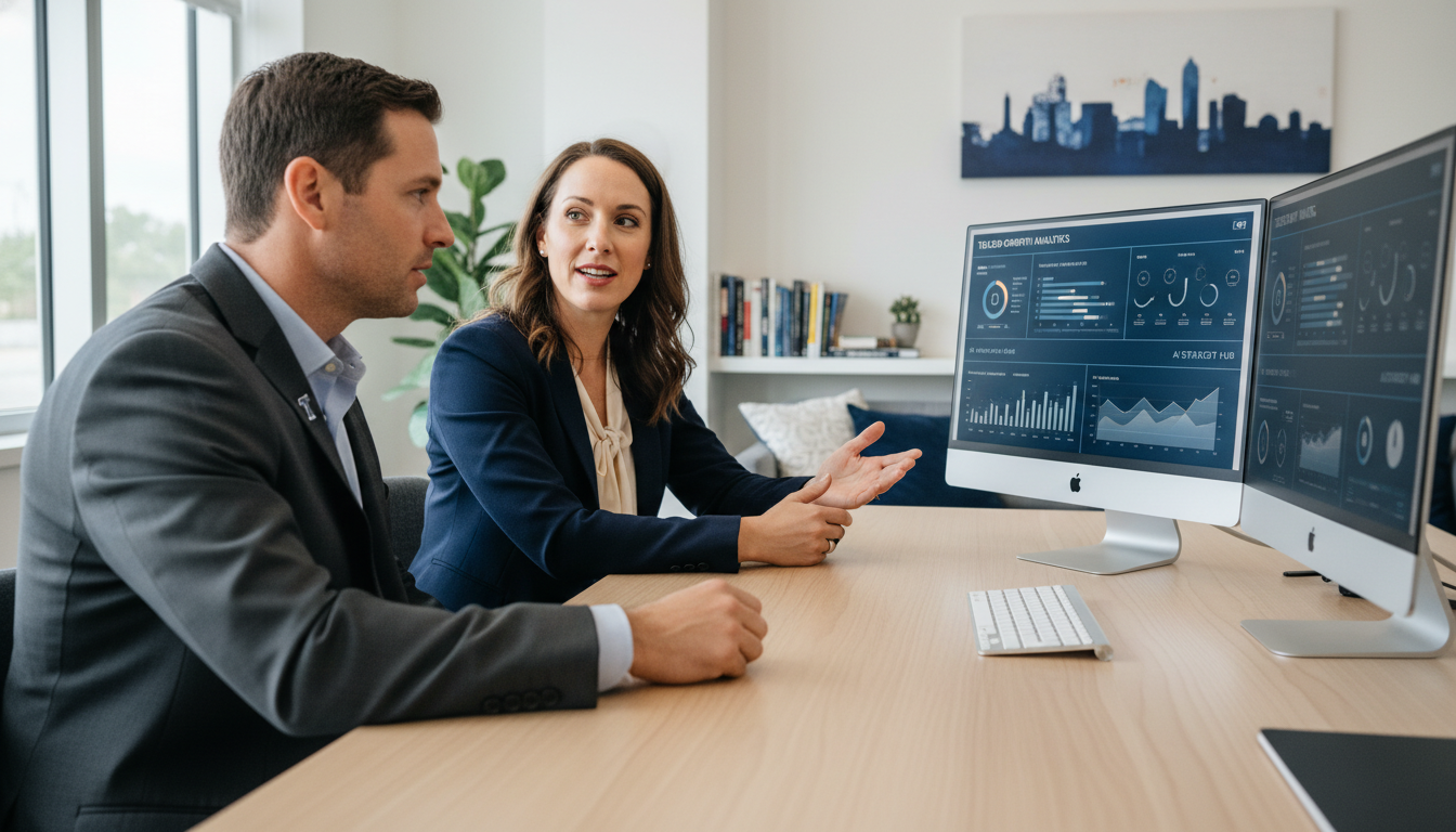 Digital marketing strategist consulting with Huntsville business owner in modern office discussing AI campaign strategy