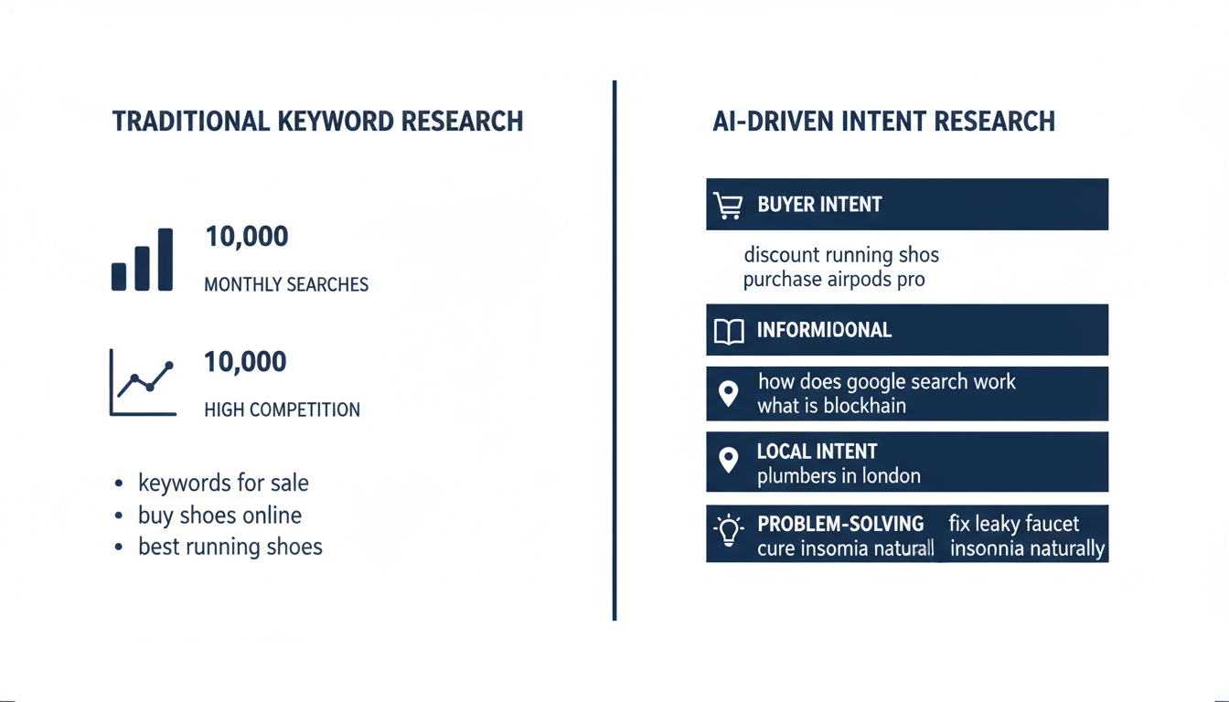 Infographic comparing traditional vs AI-driven keyword research intent for SEO strategy in Montgomery AL