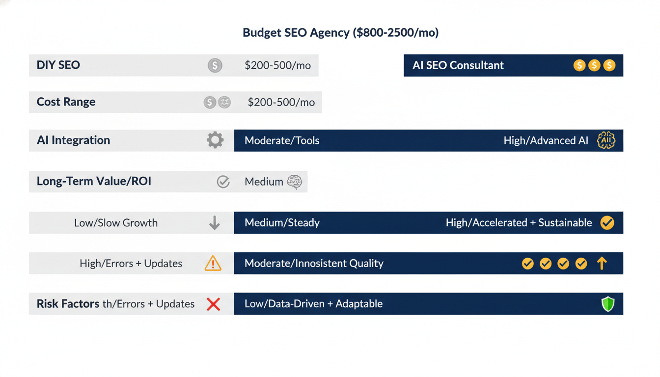 Cost vs value comparison chart for DIY, budget, and AI SEO consultant approaches in Montgomery