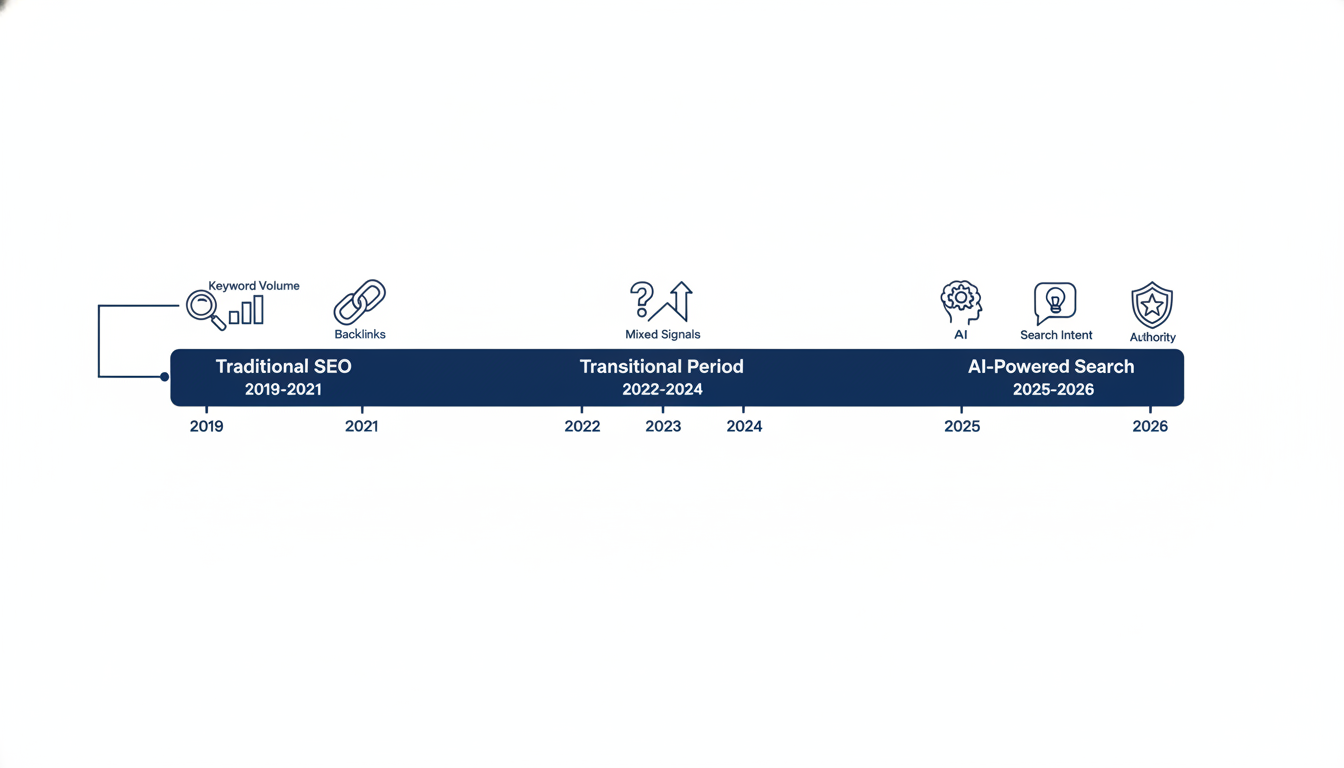 Timeline showing SEO evolution from 2019 to 2026 with AI-powered search transition; Montgomery AL