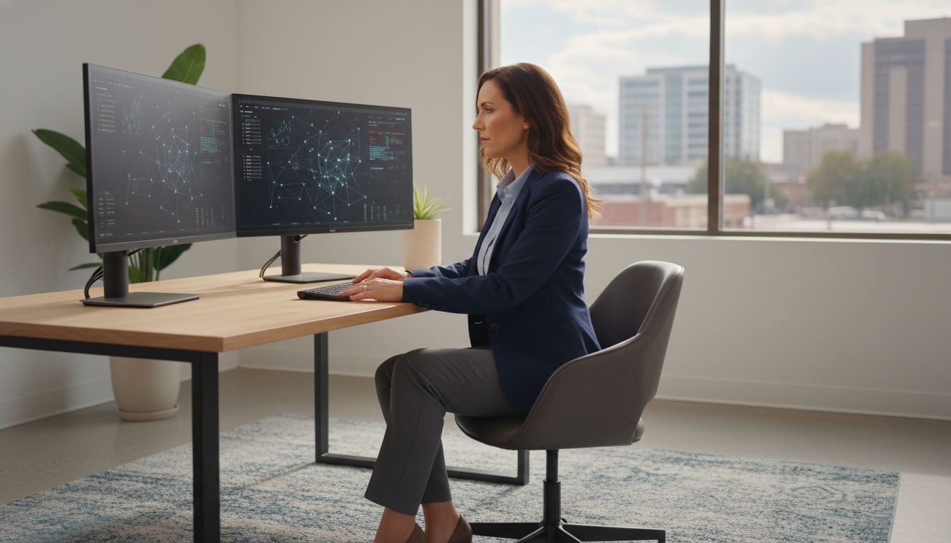 AI SEO consultant analyzing search analytics on dual monitors in modern office; AI SEO consulting, Shreveport AL