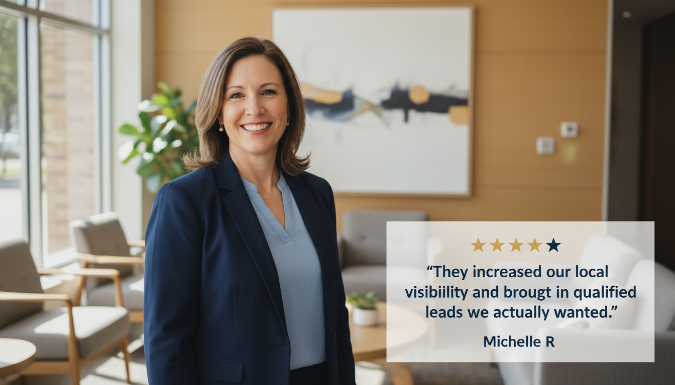 Female business owner testimonial with 5-star review about increased local visibility from AI SEO; Montgomery AL