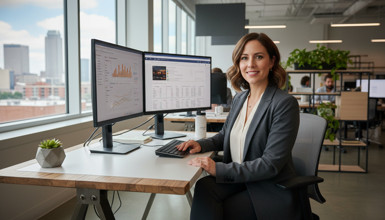 Professional AI SEO consultant at modern Tulsa office workstation with analytics dashboard visible, confident posture.