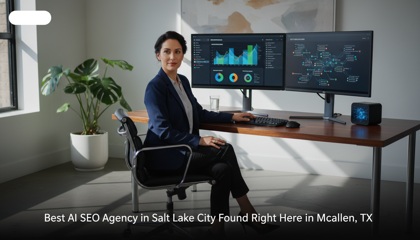 AI SEO strategist working at modern office desk with dual analytics monitors, Salt Lake City, UT