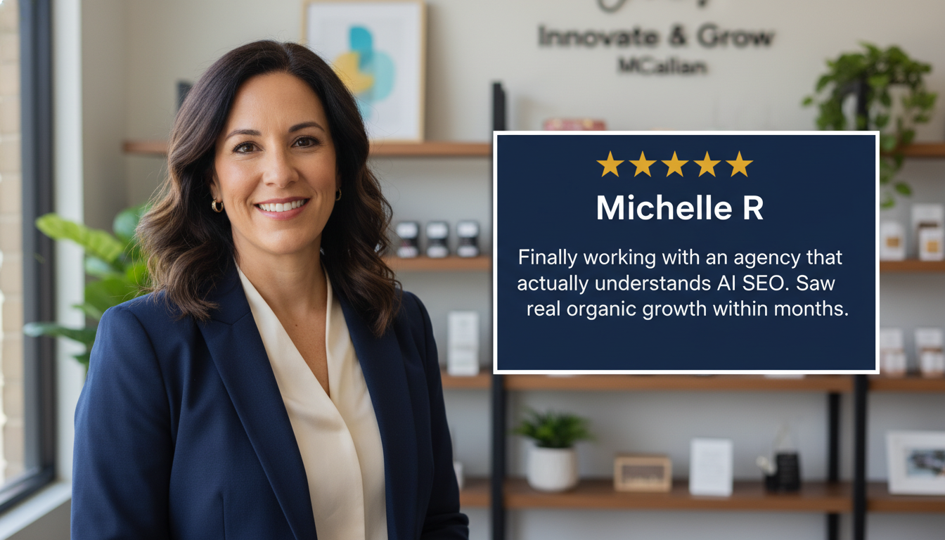 5-star customer testimonial Michelle R says saw real organic growth with AI SEO