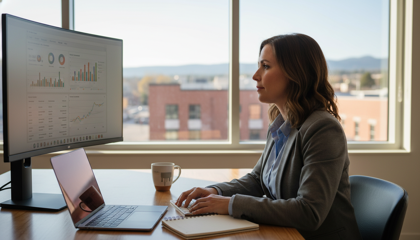 Professional analyzing SEO analytics on computer in modern Fort Collins office with natural lighting and confident expression
