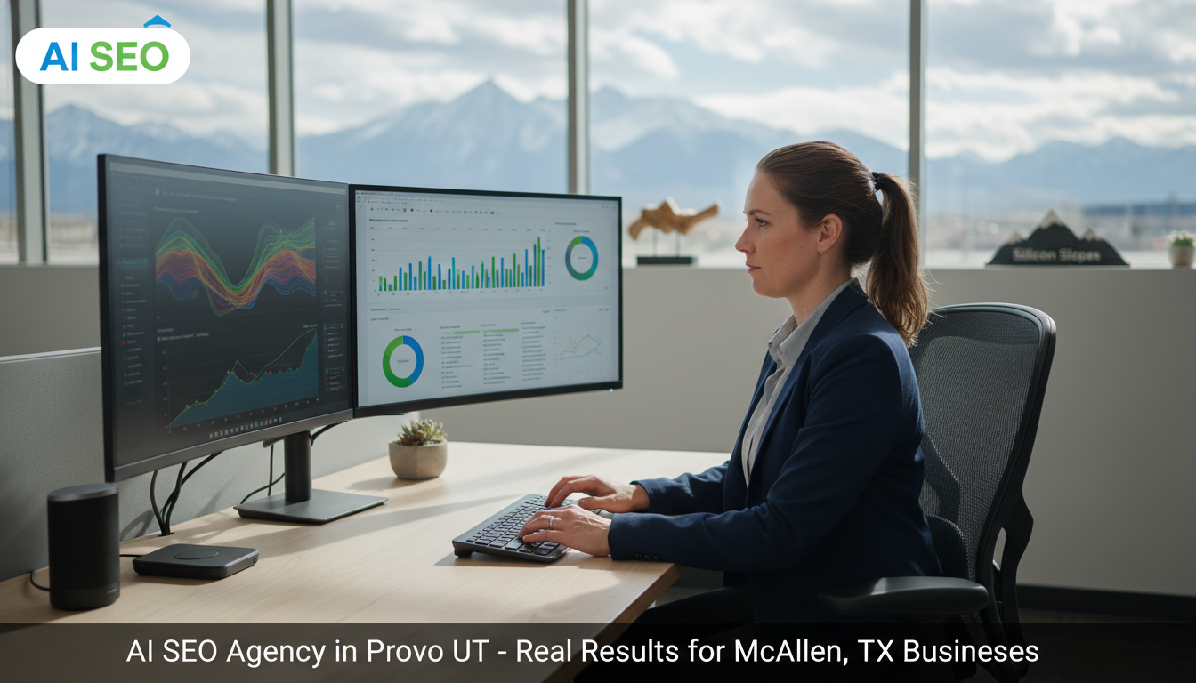 AI SEO strategist analyzing search analytics on dual monitors in modern Provo tech office, AI SEO, Provo UT