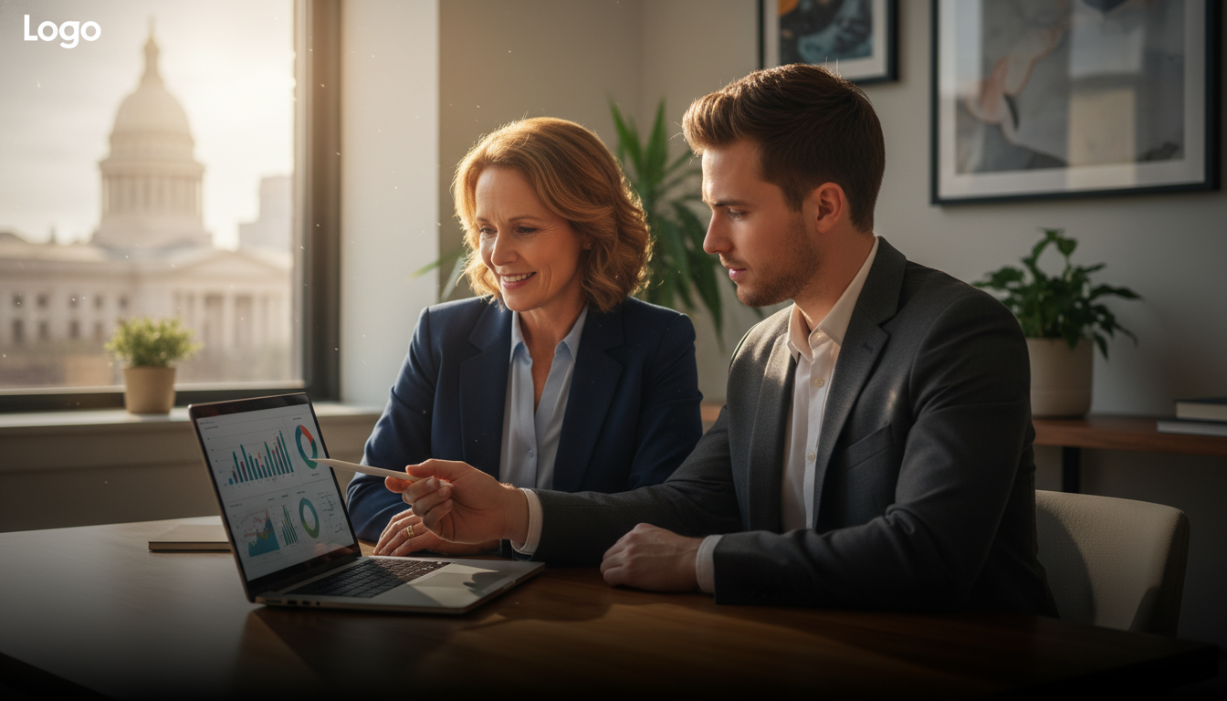 Business owner consulting with AI SEO expert in modern office, Montgomery, AL