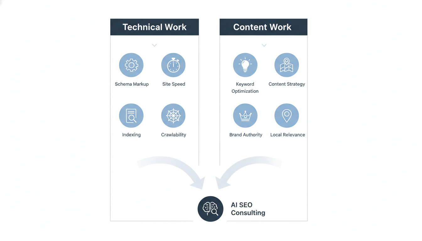 Two-lane workflow diagram: Technical SEO vs. Content Strategy, Montgomery consulting
